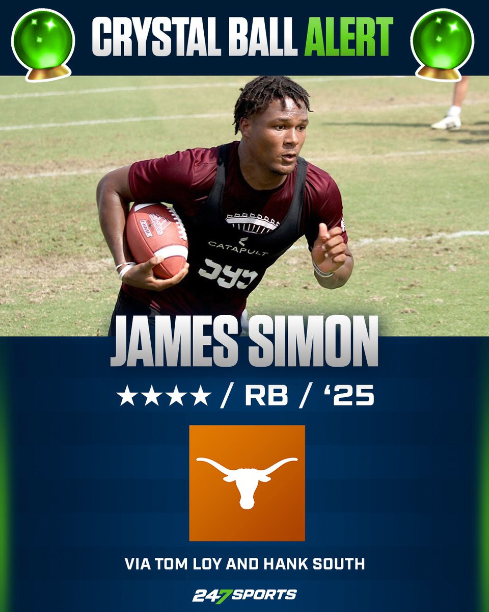 Joining my guy @HankSouth247 on the #CrystalBall for #Texas to eventually land #Top247 RB James Simon, one of my favorite backs in the 2025 class. I like the Longhorns for the do-it-all offensive weapon from Louisiana. VIP Note: 247sports.com/college/texas/… @247Sports / @Horns247