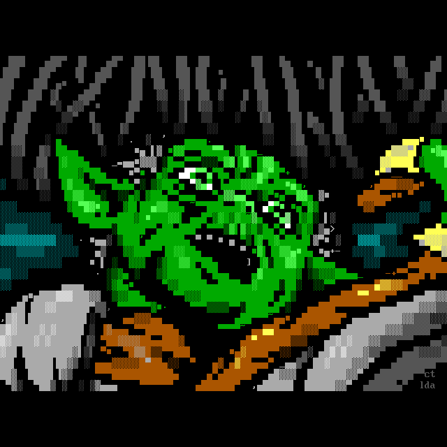 Mistigram: technically, this moment with the mystical green Muppet #Yoda is from 1980's #EmpireStrikesBack, but it defines a new take on the character in Bad Lip Reading's 2016 #SeagullsStopItNow. This #ANSIart screen from last year's MIST0523 is by Cthulu &amp; LDA.