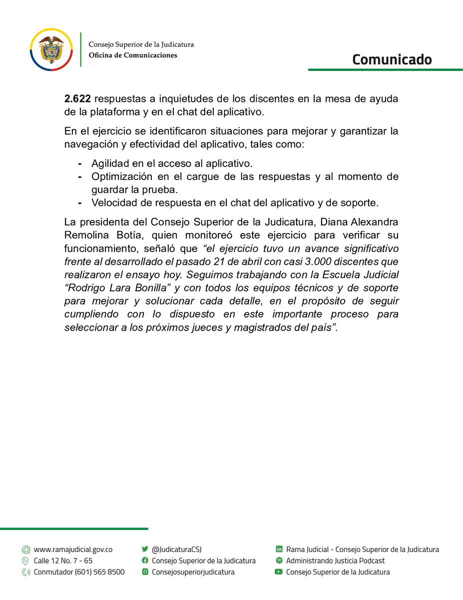 #BoletínDePrensa🗞️| Con la participación de 2.944 discentes, que corresponde al 94% del total inscritos, el Consejo Superior de la Judicatura realizó ensayo de la herramienta de evaluación para el IX Curso de Formación Judicial Inicial.