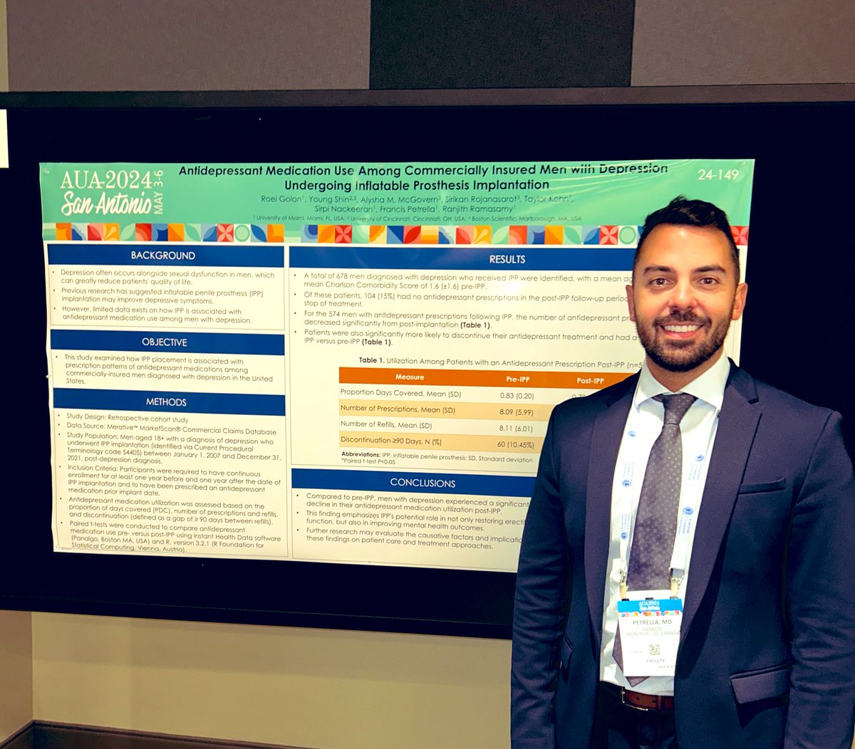 .@PetrellaMD1 shares findings from a study evaluating antidepressant med use among commercially insured men w/ depression undergoing IPP implantation. The study found a significant decline in antidepressant utilization post-IPP implantation. Great work! #AUA24