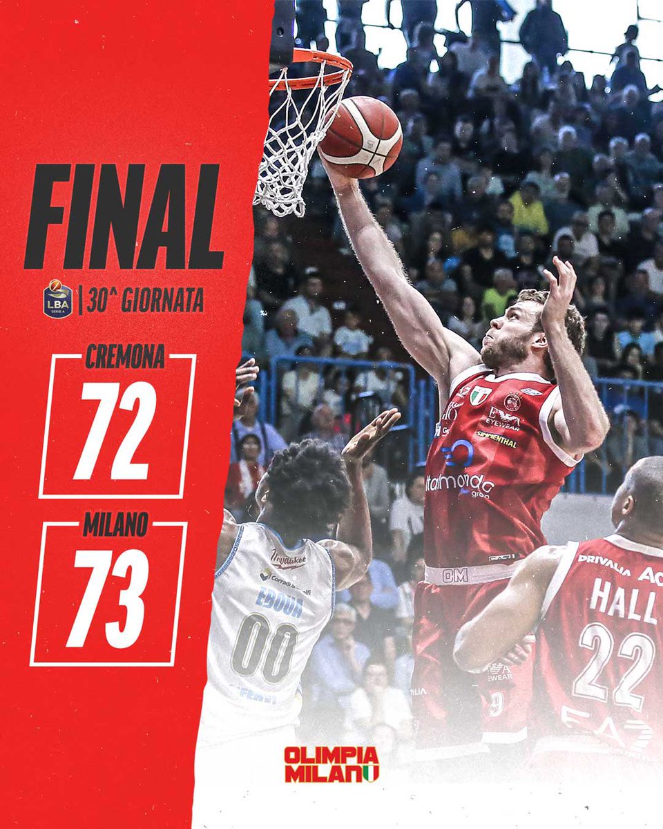 Tripla e stoppata di Melli. Milano vince 73 a 72. 🔥💪🏻 (Mirotic 25 pts, Shields 15, Ricci 8) #insieme #olimpiamilano #ForzaOlimpia