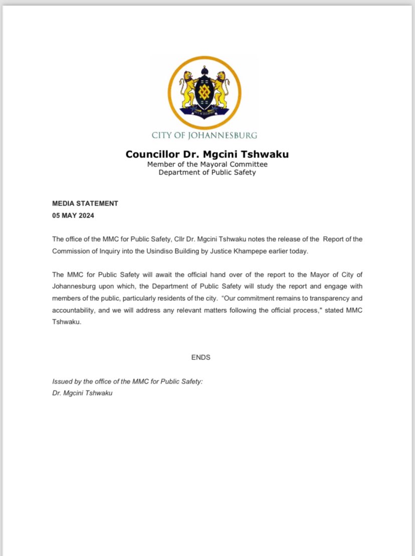 [STATEMENT] Public Safety MMC @MTshwaku notes the release of the Report of the Commission of Inquiry into the Usindiso Building.