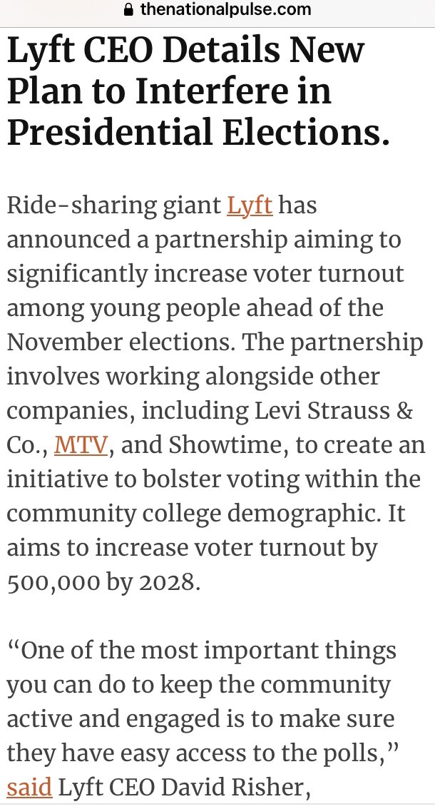 Sincere question CEO @davidrisher @lyft While I love #CommunityCollege rides to polls…I notice ur partnerships are comprised solely of liberal bent Will ur “free ride codes” be shared w/ all student groups…including Conservative ones? Or is this an “in kind” donation to DNC?