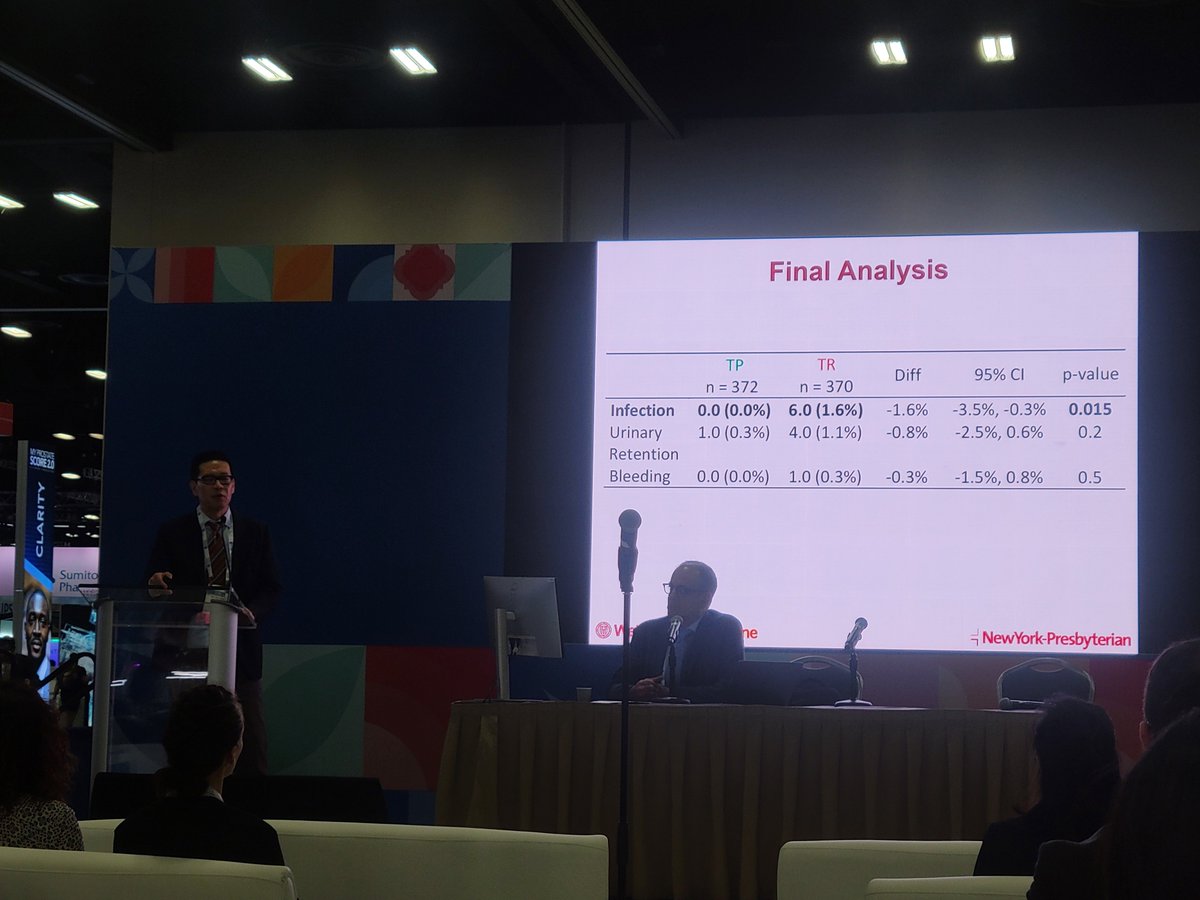 Dr <a href="/jimhumd/">Jim Hu</a> presenting final analysis results of PREVENT 1, low TR infection rate with trial design. TP without ppx had no infections and now significantly lower on final analysis. PREVENT 2 ongoing. <a href="/AmerUrological/">Amer. Urol. Assn.</a> #AUA24