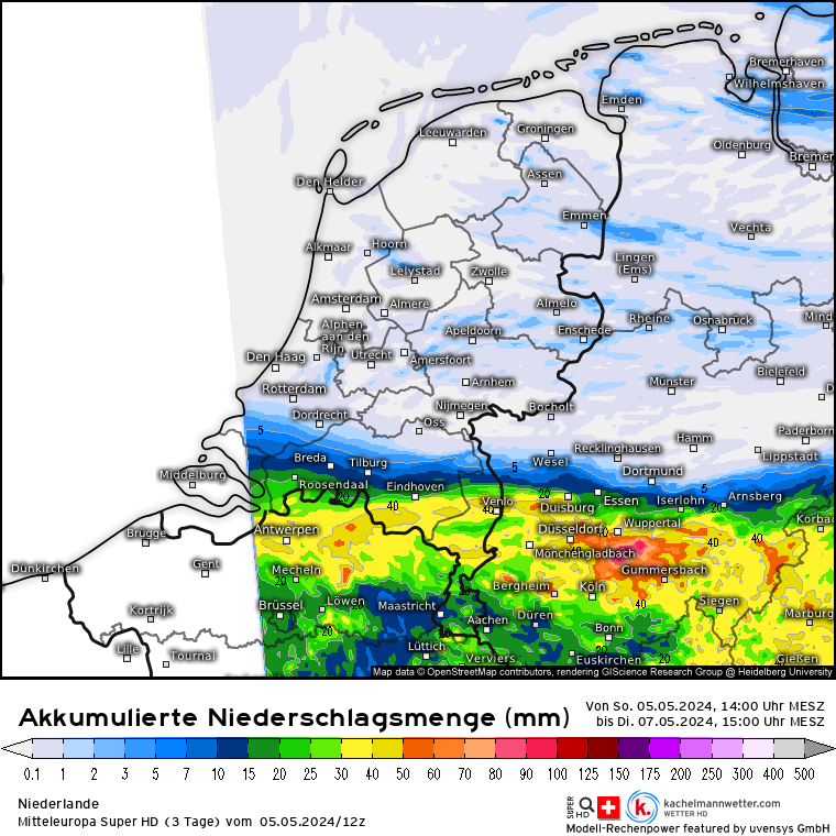 Morgenavond begint het weer te gieten in het zuiden van Nederland en België. Er zijn nog wat nuanceverschillen maar 20-40 mm is lokaal zeker mogelijk met opnieuw de nodige overlast omdat de grond al zo verzadigd is. Daarna is het gedaan. kachelmannwetter.com/de/modellkarte…