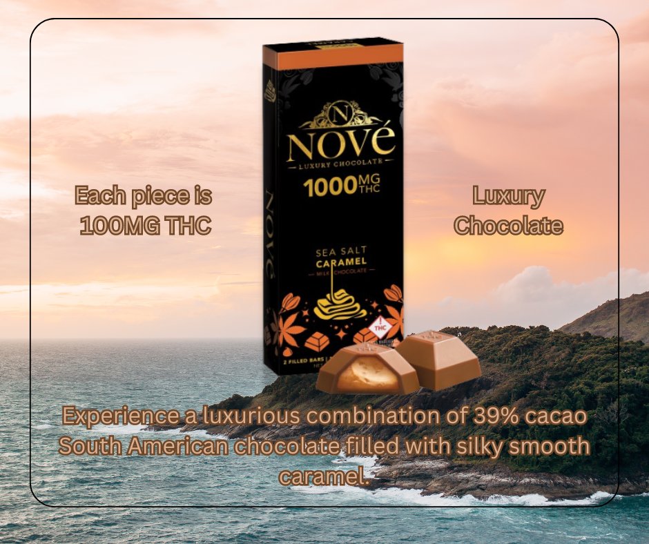 It's Sweet and Savory Sunday. This luxurious Nové sea salt caramel is sooooo good and powerful. Each piece is 100mg for those who need a higher dose. #nove #seasaltcaramel #powerful #100mg #sogood #highdosage #medicatedchocolate #cannabiscures #trichomehealthconsultants #thcmed