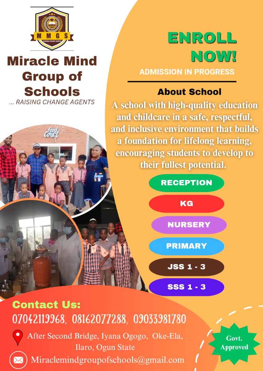 _Admission is ongoing..._

*'Miracle Mind Group of Schools'* is the place you need to be.
• Enroll your child/children, and you will be glad you did.
#MMGS
#Morethanaschool
#Raisingatotalchild
#Raisinggenerationalgiants
#Raisingchangeagents