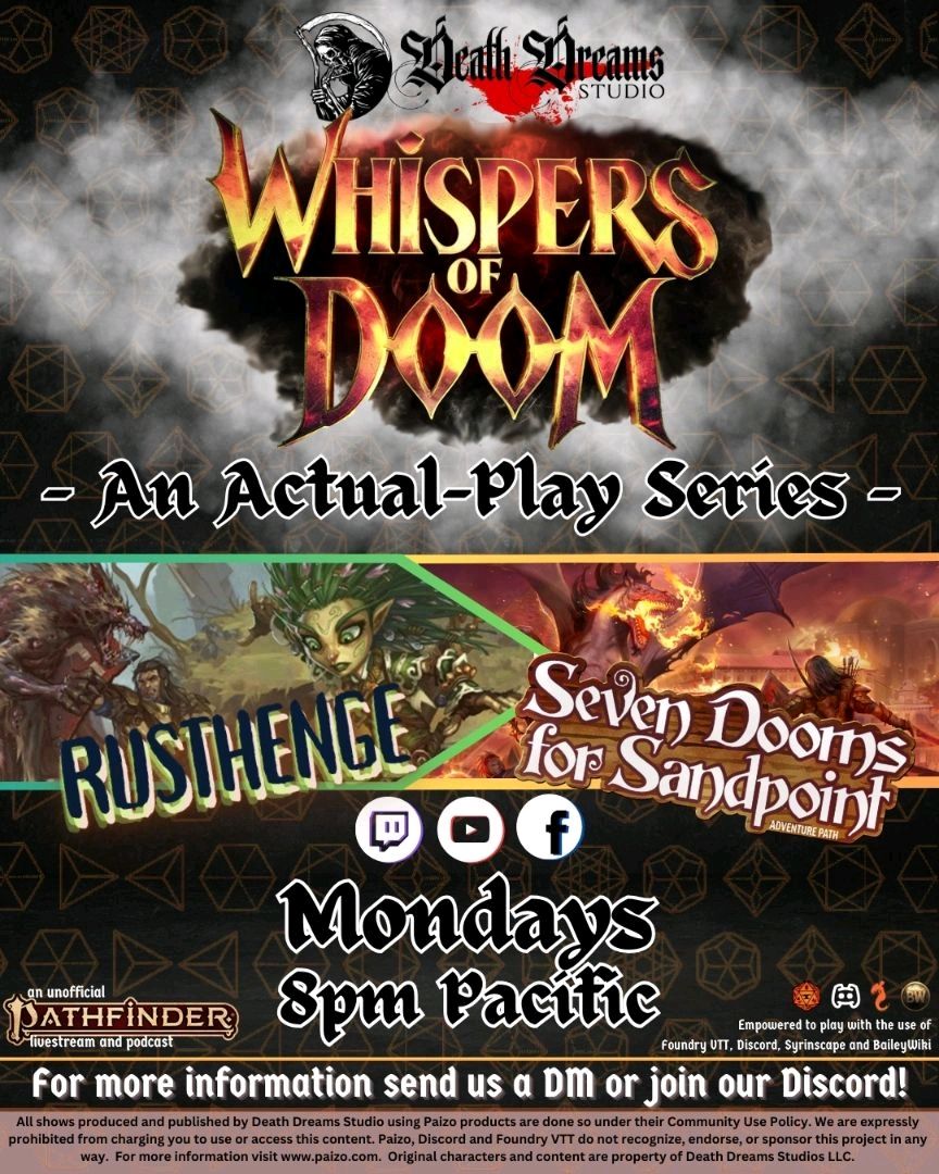 Episode 5 is out! Catch up before the livestream tomorrow night! This ep, Robert loses his mind talking about goats and speaking to birds! The adventure continues as we playthrough the #pf2e AP Rusthenge in Whispers of Doom! #paizo #ttrpgcommunity #foundryvtt #syrinscape #ttrpg