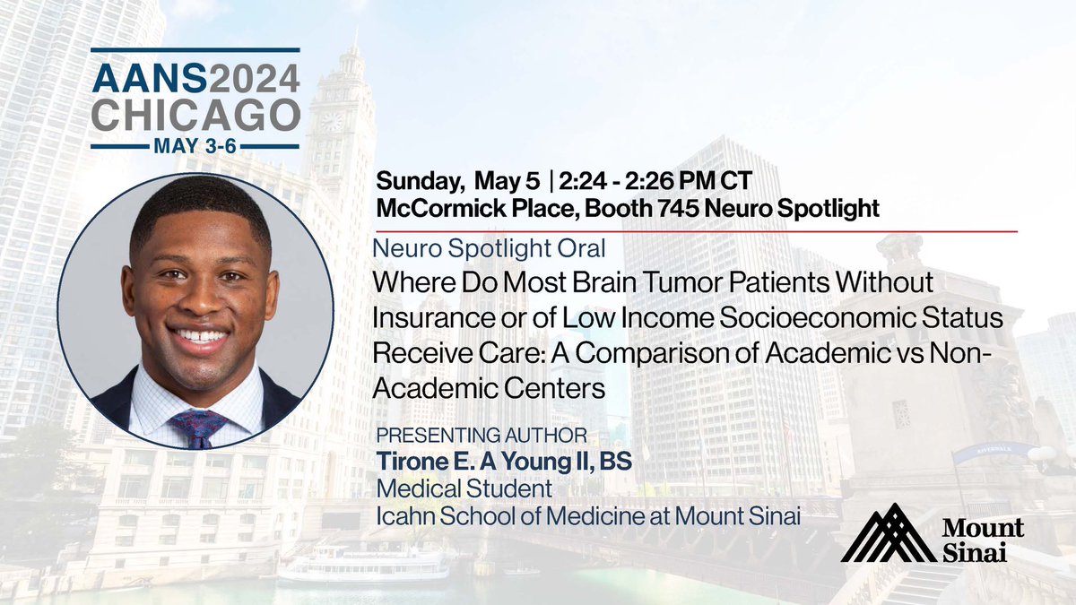 MountSinaiNeuro's tweet image. Neuro spotlight oral presentation with @IcahnMountSinai medical student Tirone Young at 2:24 Booth 745! #AANS2024 #WhatMatters