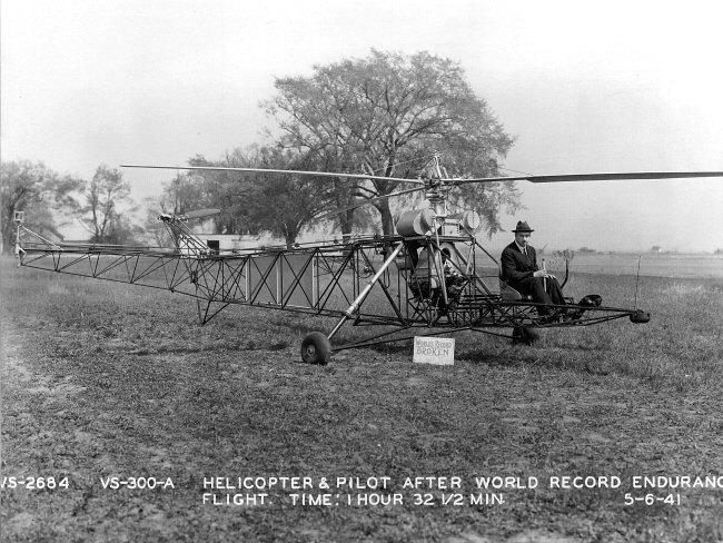 6 May 1941. Igor Sikorsky piloted his Vought-Sikorsky VS-300 helicopter to a new world record for endurance at Stratford, Connecticut. He flew for 1 hour, 32 minutes, 26 seconds.