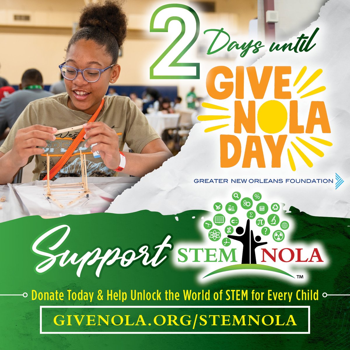 Just 2️⃣ days until Give NOLA Day! Make a gift to STEM NOLA to help fuel curiosity and discovery in our community. Every contribution goes directly towards inspiring young minds in STEM! Head to givenola.org/stemnola to make a gift today! #STEMforALL #YOUbelonginSTEM #GiveNOLA