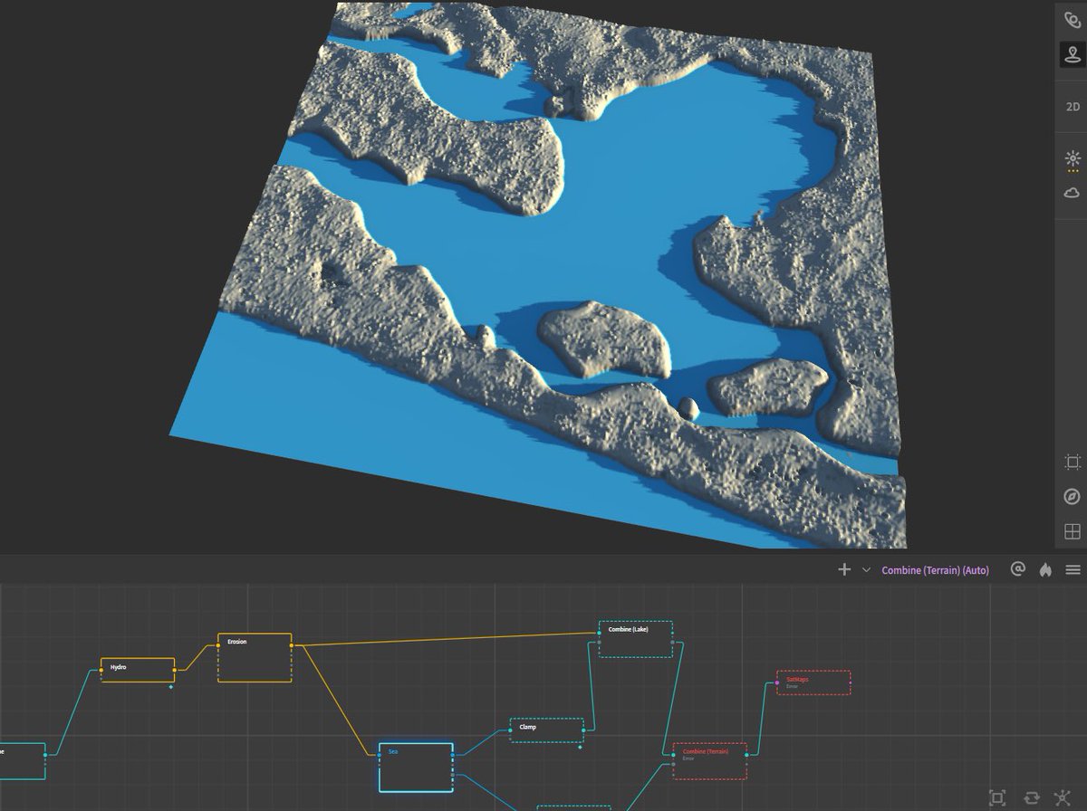 Today on procedural 3D terrain generation (that I created based on a google map image), I added erosion and water body (Sea). 

Gaea nodes are quite buggy so I haven’t finalized it yet. Next steps would be to texturize the terrain and  add vegetation.