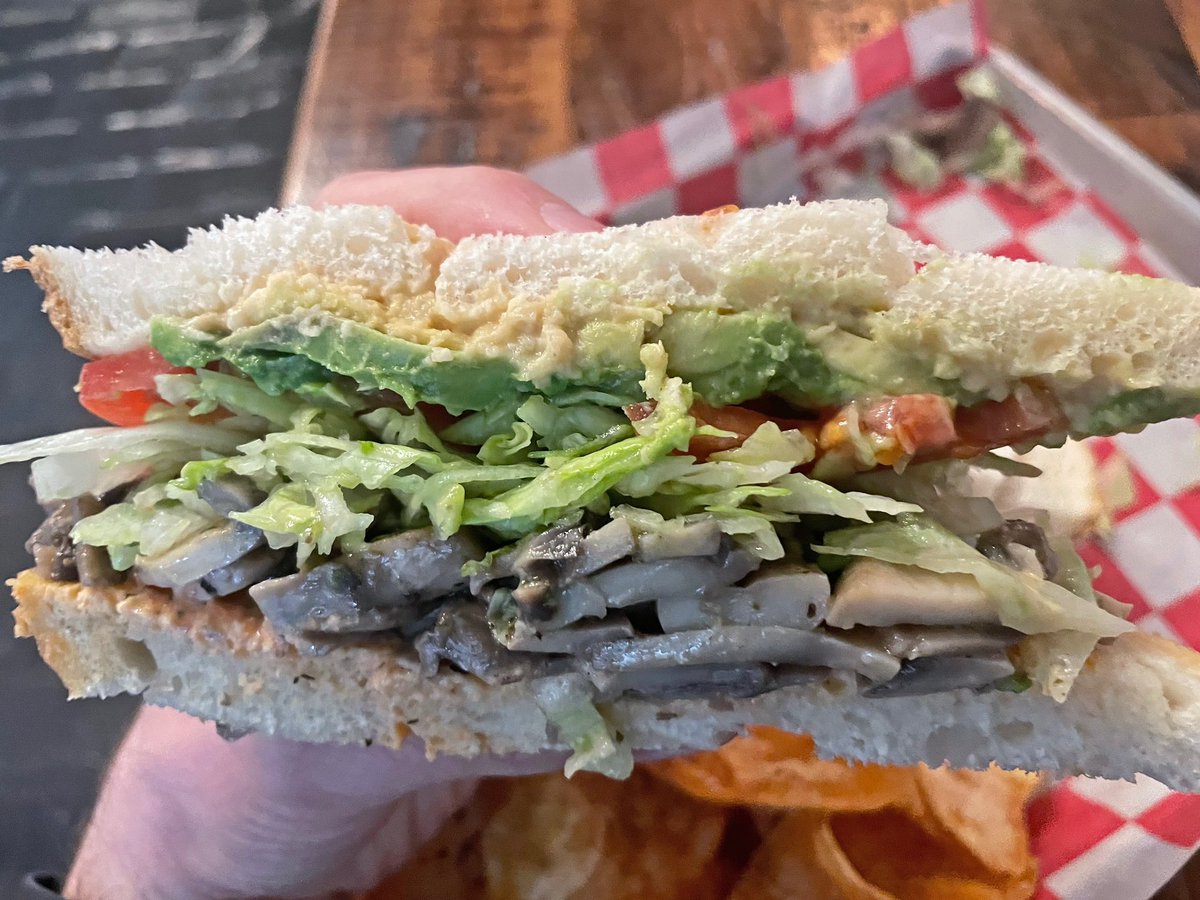 The Mighty Meatless at Old World Deli, a Restaurant & Deli in #Corvallis, OR; Marinated Mushroom, Hummus, Avocado, Lettuce, Tomato, & Aioli, on Sourdough Bread! . . . #corvallisoregon #osu #oregonstateuniversity #beavers #corvallisvegans #vegan #veganfood #veganism #vegansandwich