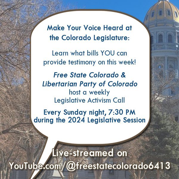 It's the last week of the 2024 Legislative Session! You can still have your voice heard! Join us Tonight at 7:30 PM to see what bills remain to be heard in Committee! Live Stream with @michaelkvance @LPCO Legislative Director #copolitics #coleg