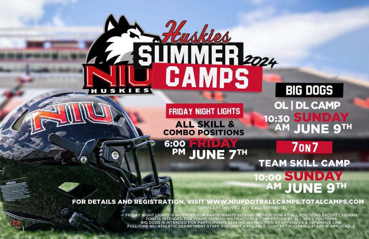 👋🏼 Hey there HUSKIES‼️🚨… Summer camp sign up ✍🏽 is HERE!👇🏽 niufootballcamps.totalcamps.com Mark those calendars and get ready to run with the Pack!! 🐾 #SOAR | #TheHardWay 🦴
