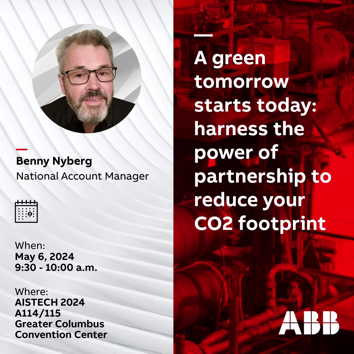 Attention metals industry stakeholders! 📢 Join #ABB's Benny Nyberg, National Account Manager, at his #AISTECH session on 'Decarbonization Challenges.' ⮕ No invitation is necessary to attend. Let's take decisive steps toward a greener tomorrow! #ABBDrives #SystemDrives