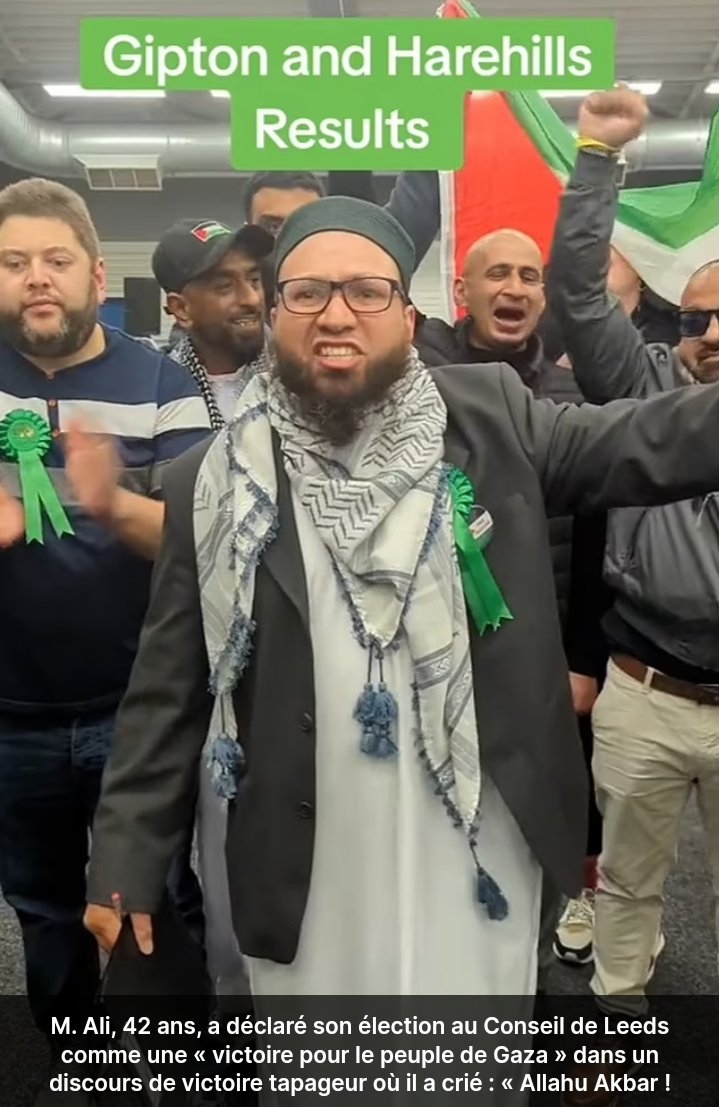 Le conseiller de Leeds, célébrant sa victoire par des cris Allah Akbar est membre des...Verts UK. Ici, il pourrait être éligible pour des subsides #brugov car il a la main verte et tient un blog sur le jardinage. Tout ça quand il ne tient pas des propos racistes et pro Hamas.