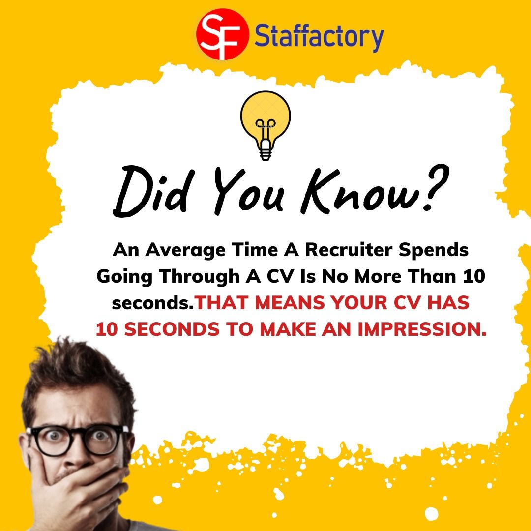 📢 Did you know? Recruiters spend just 10 seconds on your CV. Make those moments count by highlighting your key skills and achievements upfront! #CVImpression #MakeItCount #CV #Resumetips #Staffactory #USA