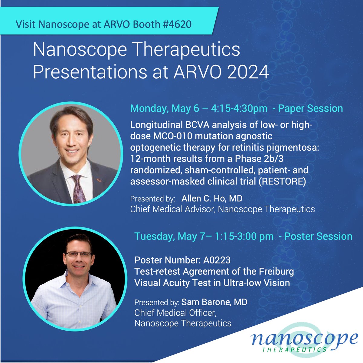 @NSTherapeutics MCO-010 #genetherapy is featured in 6 presentations at #ARVO24 beginning Mon. 5/6 when Dr. Allen C. Ho presents 12-month results from our RESTORE trial for #retinitispigmentosa. Hope to see you there and connect at our booth #4620. #ophthalmology @OISTWEETS