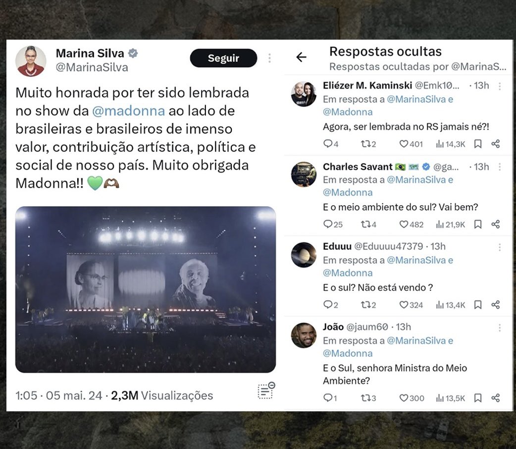 Ministra do Meio Ambiente comemora citação em show da Madonna e oculta comentários sobre o desastre no Rio Grande do Sul. É o retrato do atual governo: esconde a verdade, foge da responsabilidade e desdenha do povo.