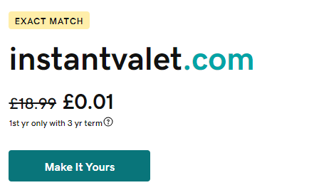 🚨👇Expired & available: InstantValet.com

It's great because it's talking to a problem (waiting for car cleaning) and is 'borderless' so could be one or a chain nationwide. Radio test and clear spelling bonus.

#domains #domainsforsale #digital #web #cars