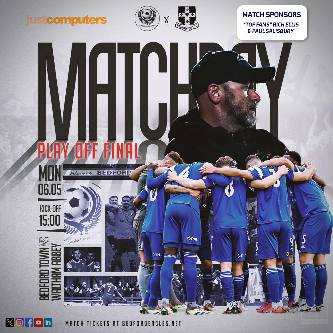 BedfordTown's tweet image. 🆃🅷🅸🆂
🅸🆂
🅸🆃

🔵 | MATCHDAY

🏆 The @SouthernLeague1 D1C Playoff Final
🆚 @walthamabbeyfc
⏱️ 3pm KO
🏟️ The Eyrie Stadium
🎟️ bedfordtownfc.ktckts.com
🤝 Match Sponsors @paulsalisbury4 &amp;amp; @richellis88

📝 Match preview 👇🏼
pitchero.com/clubs/bedfordt…

#BTVWA // #BeThe12th // #COYE