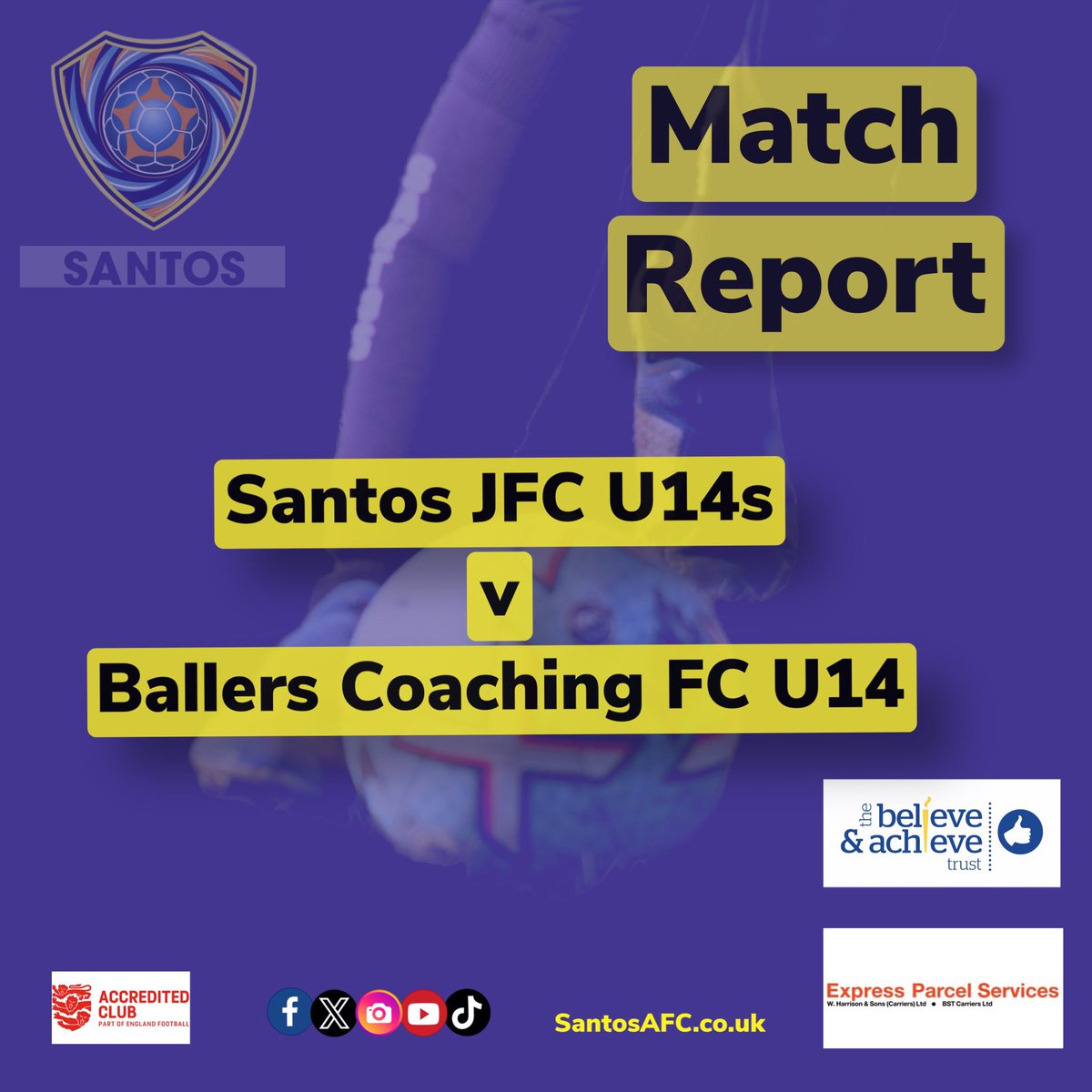 Full Match Report Available on our Facebook page!

#SantosU14s #SantosYouth #SantosAFC #u14s #football #localfootball #grassrootsfootball  #fun #unique #nuturing #inspiringtheplayersoftomorrow #oldham #emjfl #EPS_expressparcelservices #theachievenandbelievetrust