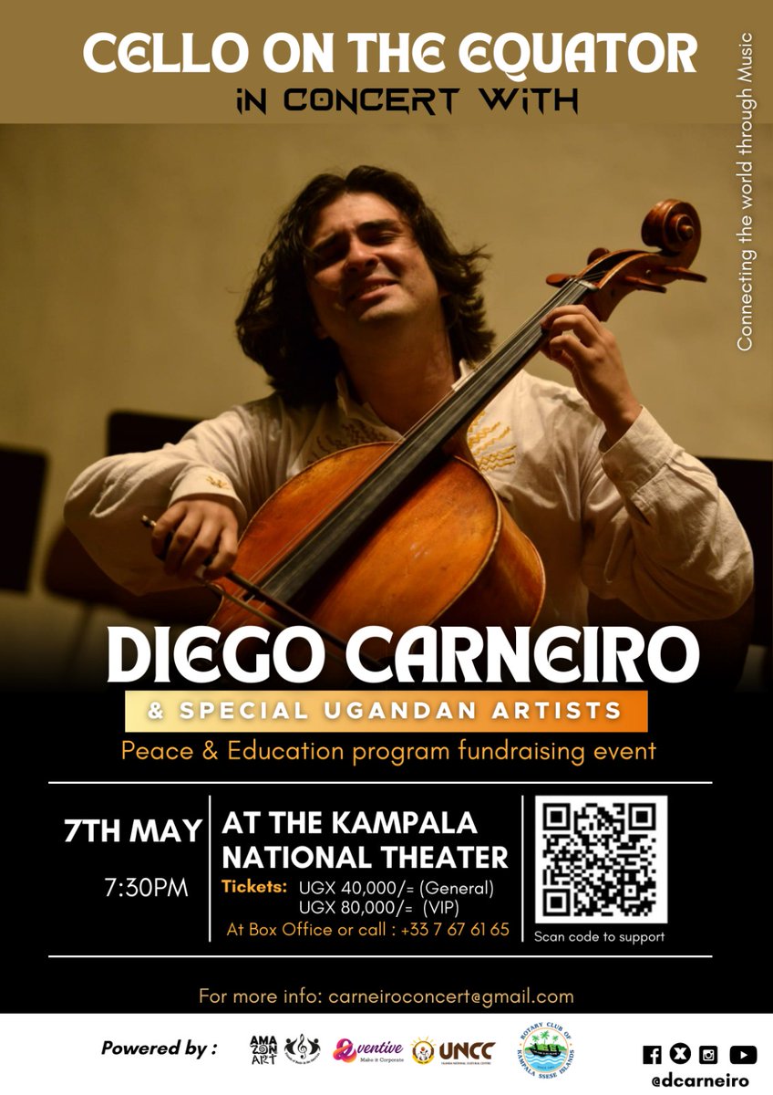 We could as well call May already artsy. On Tuesday, @DiegoCarneiroC a Brazilian cellist and conductor from the Amazon region will join Ugandan artists such as Sempeke for a once in a lifetime concert at @UNCC_UG