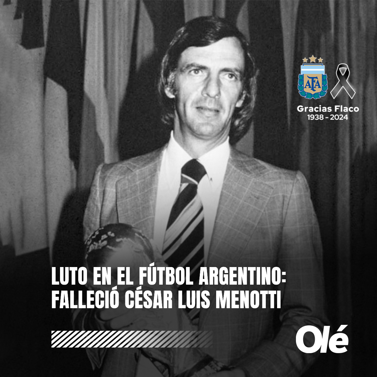 ⚫️ FALLECIÓ CÉSAR LUIS MENOTTI

La AFA comunicó la noticia: "La Asociación del Fútbol Argentino lamenta informar con enorme tristeza el fallecimiento de César Luis Menotti, actual Director de Selecciones Nacionales y ex técnico campeón del mundo con Argentina"