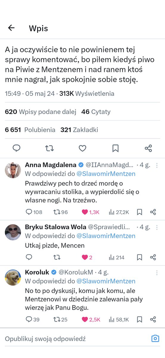 Jak to dobrze się czyta. 3 pierwsze komentarze pod postem @SlawomirMentzen o ministrze kurwinskim i jego pechu z nagłośnieniem alkoholowym 
Ma szacunek u ludzi ten Sławek