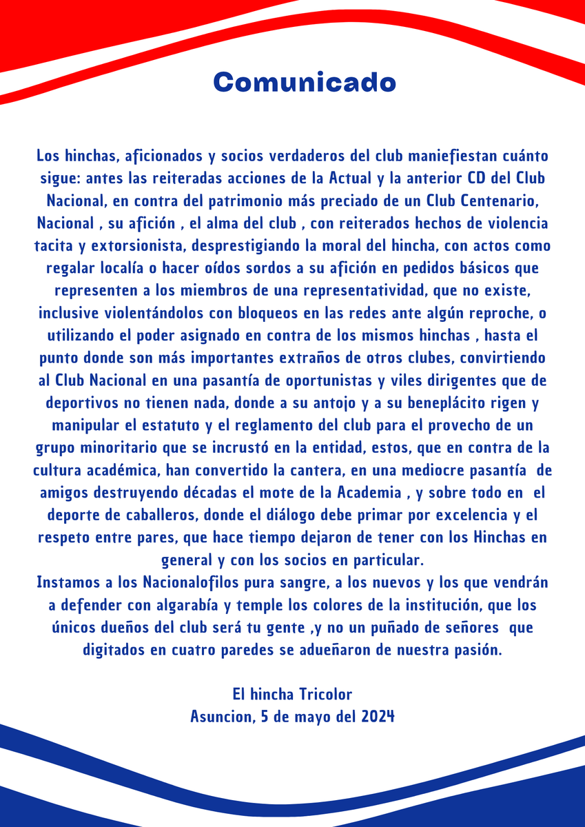 Comunicado de socios e Hinchas del Club Nacional sobre supuestas amenazas violentas.