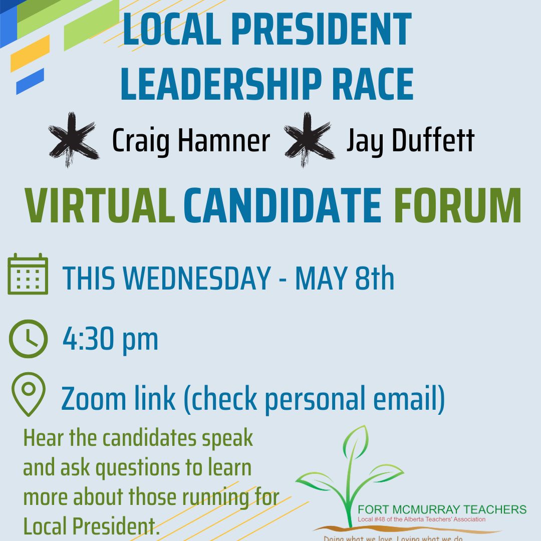 We have a leadership race for President of our ATA Local 48! Come join us this Wednesday and hear what the candidates have to say!