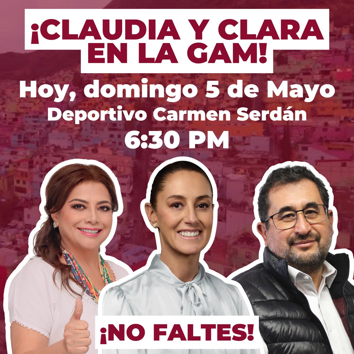 🚨¡¡Es hoy!!🚨🙌🏼 Tenemos una cita con nuestra próxima presidenta @Claudiashein y con @ClaraBrugadaM próxima #JefaDeGobierno, hoy en la📍Deportiva Carmen Serdán a las ⏰6:30 pm. ¡No falten, demostremos que en la #GAM queremos #QueSigaLaTransformación! 💪…