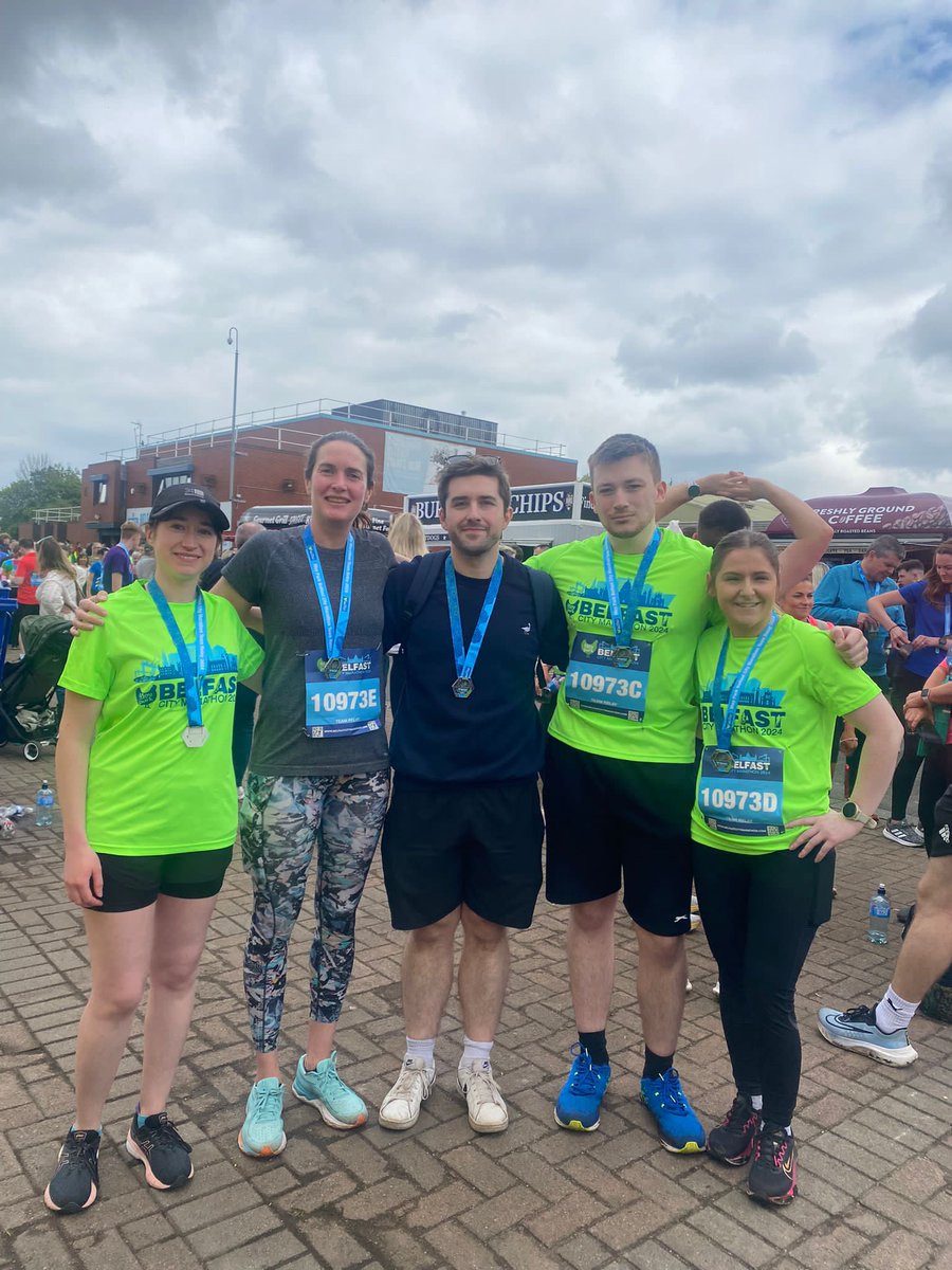 Team #InflammaZoomers taking a break from the lab to take on the Belfast City Marathon Team Relay - total time 4.10.18 🏅 Amazing running everyone!🏃‍♀️🏃🏻‍♂️ @marathonbcm @Rebecca_Coll @CaroleD23 @RyanKnight_ @TheaMawhinney