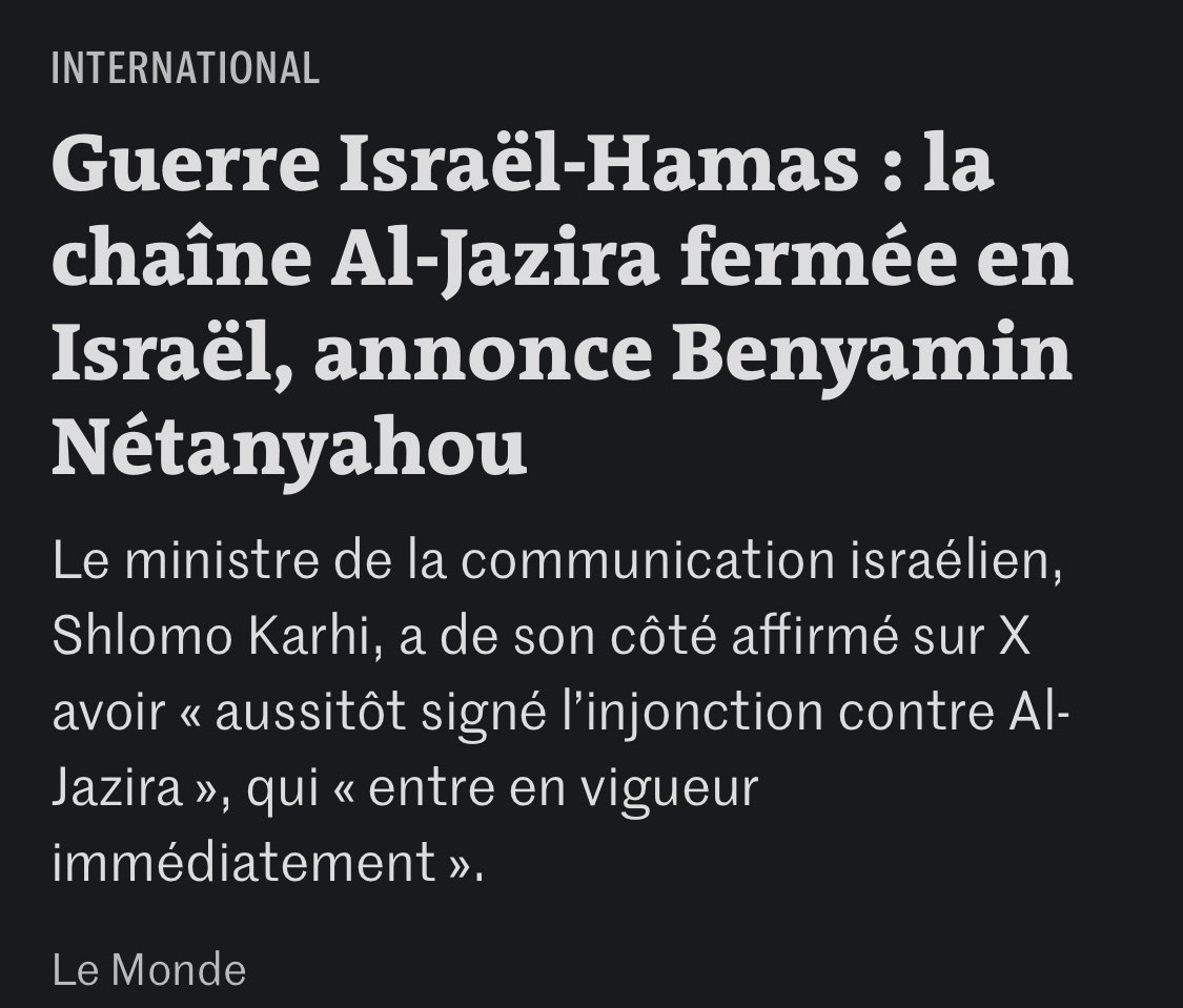 🇶🇦🇮🇱#AlJazeera fermée en #Israël : Benjamin #Netanyahu a trop longtemps joué avec le feu en étant (trop) amical avec le #Qatar et en négociant avec cet État qui parraine les #FrèresMusulmans et le #Hamas (sa direction politique y est installée). #AlJazeera diffuse une propagande