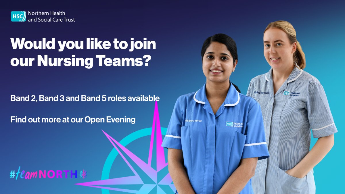 Are you interested in joining #TeamNORTH Nursing? Find out more at our evening on Tues 7 May, 4pm - 8pm, Fern House, Antrim Area Hospital. We have exciting opportunities for Nursing Assistants, Senior Nursing Assistants & Registered Nurses 🧑‍⚕️