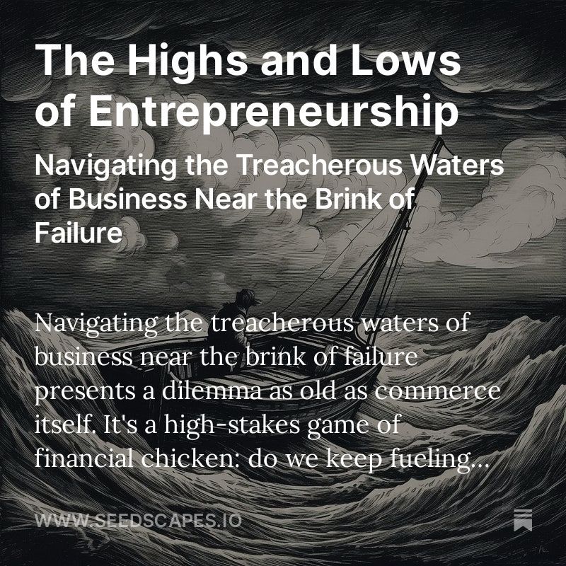 The Highs and Lows of Entrepreneurship — Navigating the Treacherous Waters of Business Near the Brink of Failure #EntrepreneurshipJourney #BusinessStruggles #RiskandReward #StartupLife #BusinessSurvival #EntrepreneurMindset #ResilientBusinesses buff.ly/4a3w6Sn