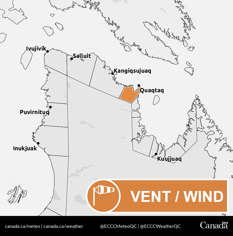 Des vents forts sont prévus sur le Nunavik à partir de ce soir jusqu'à demain en fin de journée. Un avertissement de vent violent est présentement en vigueur pour la région de Quaqtaq. 
Pour consulter les avertissements: meteo.gc.ca
#meteoQC