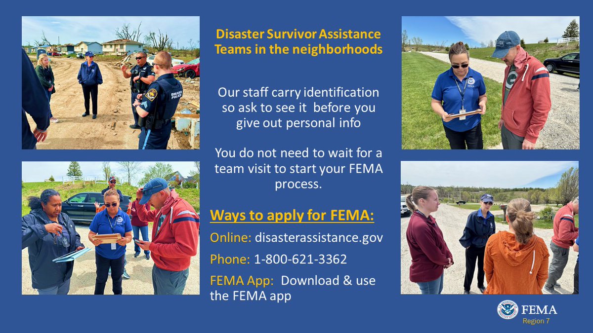 We're visiting NE storm survivors in Douglas & Washington counties to ensure they know how to apply with FEMA, to get help with immediate needs and/or check FEMA registration status for those who have already applied. #newx, #tornado, #nebraska