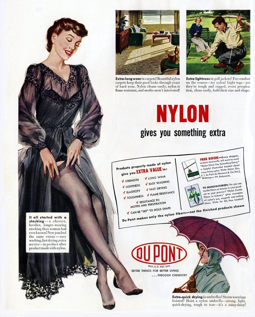 ianomcn's tweet photo. DuPont is a chemical company, not a clothing company.

But it’s responsible for inventing many of the synthetic fibers on the market today.

Nylon, polyester, and Lycra all came out of DuPont.

(So did cancer causing Teflon used in non-stick pans and waterproof coats)

“Better things for better living… through chemistry” turned out to be a big mistake.