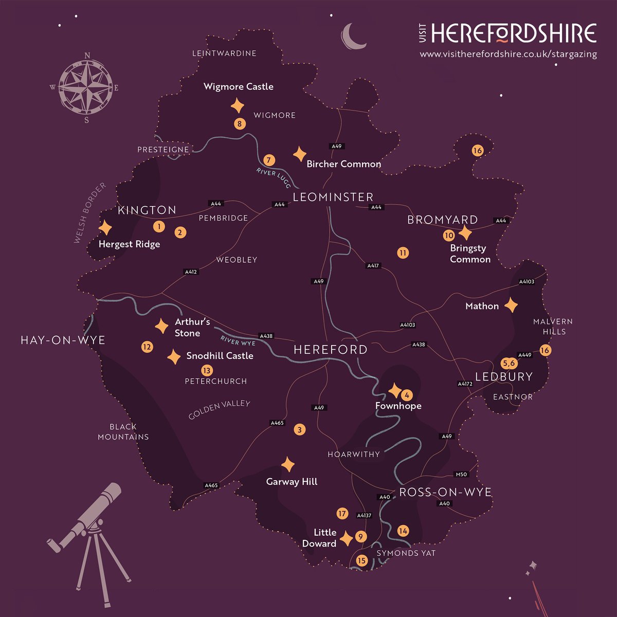 Stargazing in Herefordshire is fantastic! Download the Stargazers' Guide to Herefordshire: visitherefordshire.co.uk/trip-ideas/our… #visitherefordshire #herefordshirecountybid #exploreherefordshire #stargazing #astrotourism #astronomers #nightskies #moonbathing