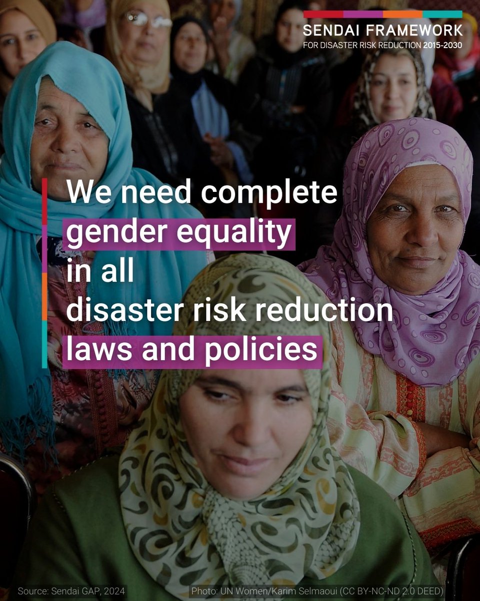 Effective, gender-responsive disaster risk reduction requires gender equality in laws and policies. Objective 3 of the Sendai GAP promotes government collaboration to ensure gender equality in DRR laws and policies. Learn more about the #SendaiGAP ➡️ ow.ly/L1AZ50RvLla