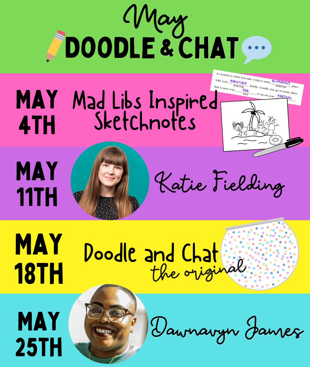 Doodle and Chat EVERY SATURDAY at 9:33-ish a.m.CST…

📆Mad Libs Inspired Sketchnotes 

✏️💬Doodle and Chat w/ Friends: Katie Fielding 

🔮Original Doodle and Chat Fun

✏️💬Doodle and Chat w/ Friends: Dawnavyn James

Join the fun: bit.ly/doodleandchat

#DoodleAndChat