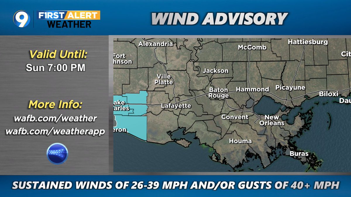 A Wind Advisory has been issued for the areas in blue. Sustained winds of 26-39 mph and/or gusts of 40+ mph are possible. More >> wafb.com/weather?utm_me… #LAwx
