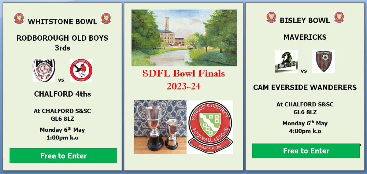 Up first is <a href="/R_OB_FC/">Rodborough Old Boys FC</a> 3rds v <a href="/Chalford_AFC/">ChalfordAFC (C) 🏆</a> 4ths in the Whitstone Bowl. The match kicks off at 1:00pm.

Afterwards, <a href="/mavericks_FC22/">Mavericks F.C est 2022</a> take on <a href="/CamEverside/">Cam Everside Wanderers FC</a> in the Bisley Bowl, and this kicks off at 4:00pm.

Join us if you can.