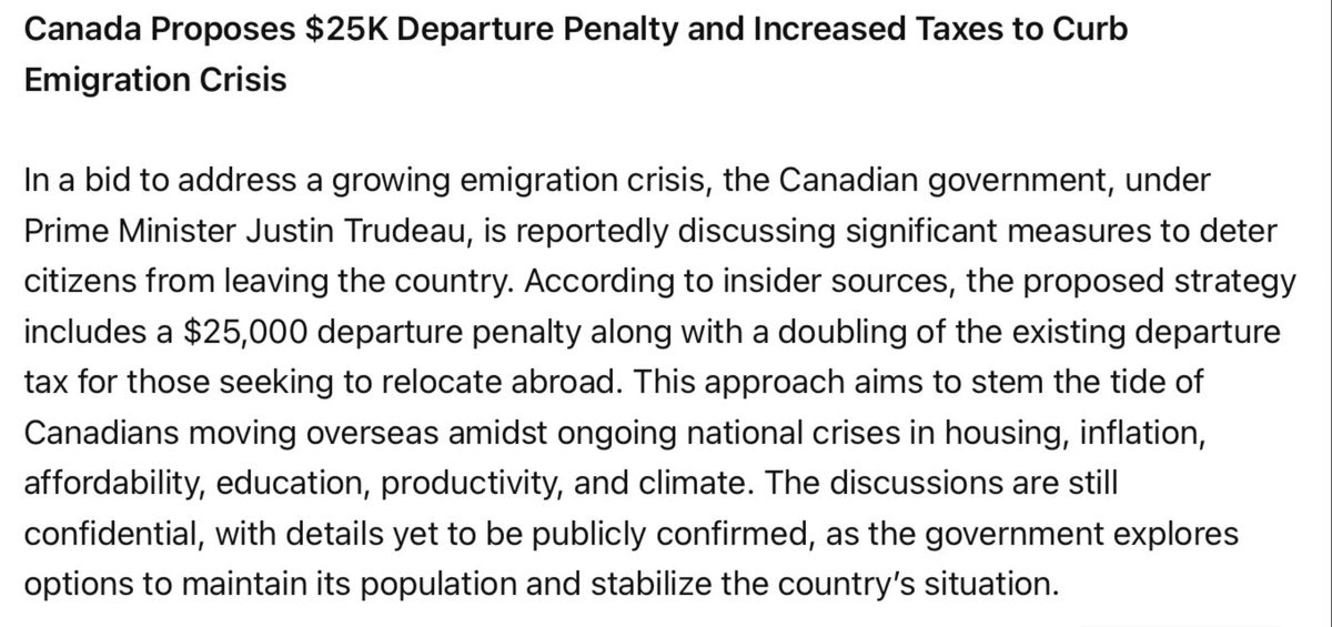 🇨🇦 Canada proposes a $25,000 penalty plus a 2x exit tax to citizens who leave the country I've been warning you: modern feudalism is coming to Western countries