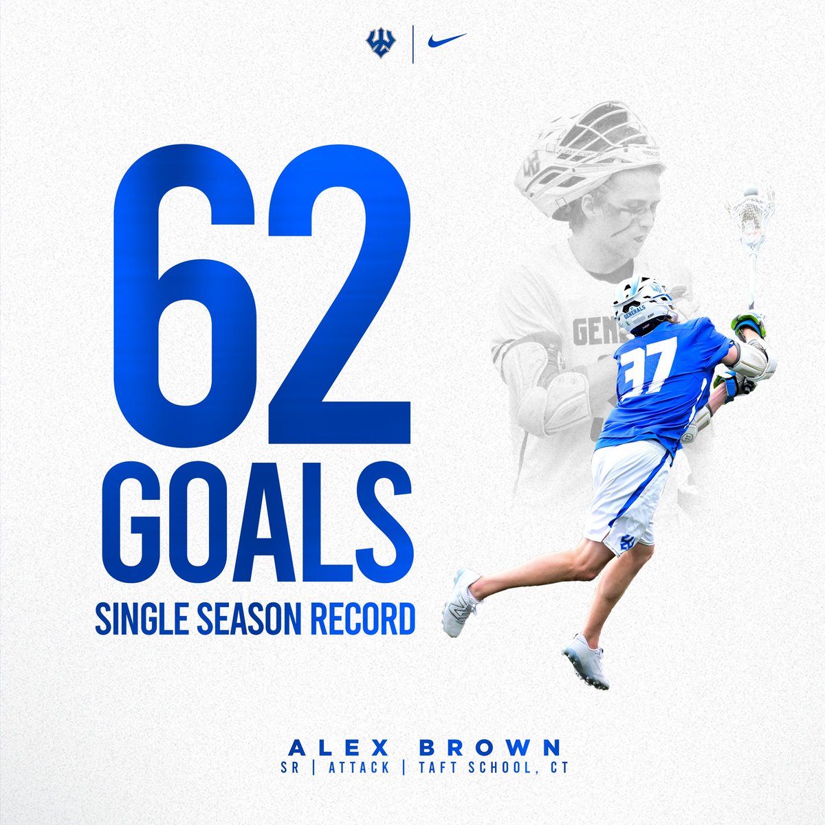 Congratulations to Alex Brown ‘24 who broke the W&amp;L single season goals record in our last game. Alex currently has 62 goals on the year and leads the nation in shooting percentage at 58.5%. 

#gogenerals