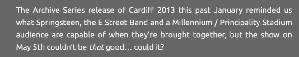 laneyno3's tweet image. Seems like they&apos;re well on track to answering that question within an hour. #SpringsteenCardiff