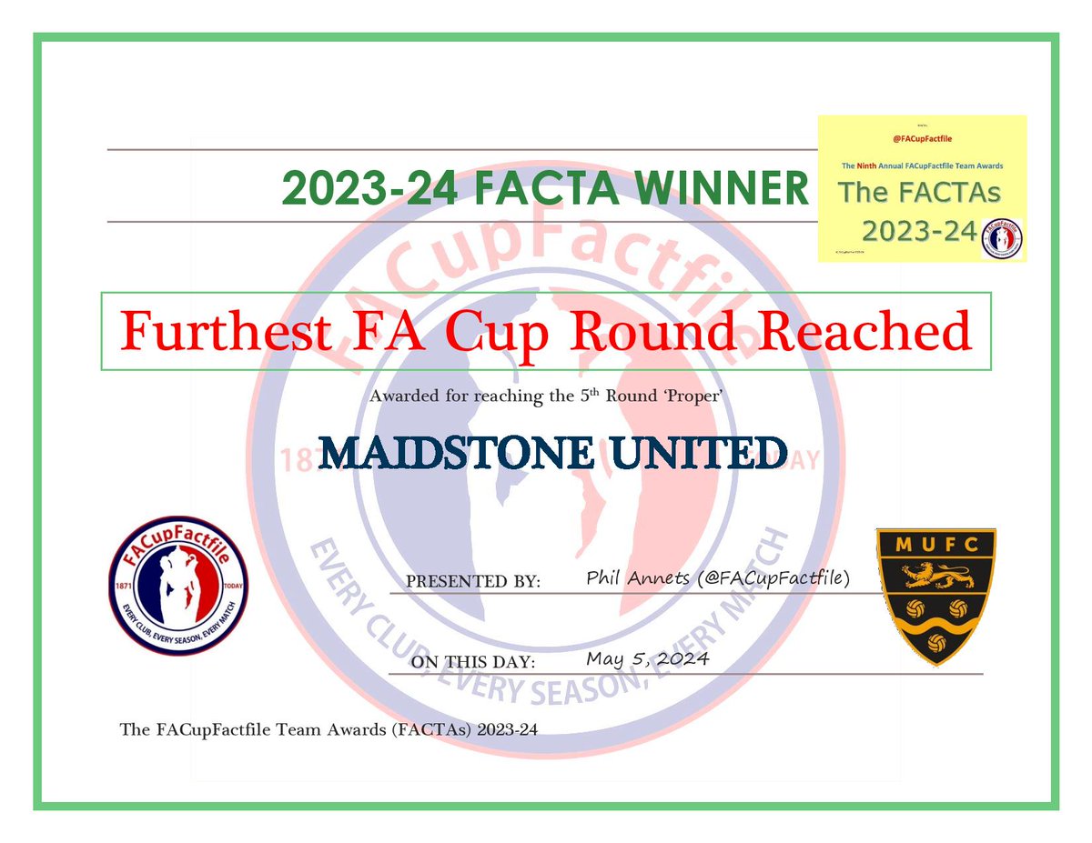 The 'Furthest Round Reached' FACTA goes to @maidstoneunited for their terrific run to the #FACup 5th Round 'Proper'.

Congratulations to Maidstone United!

#FACTAs #NonLeague #Stones