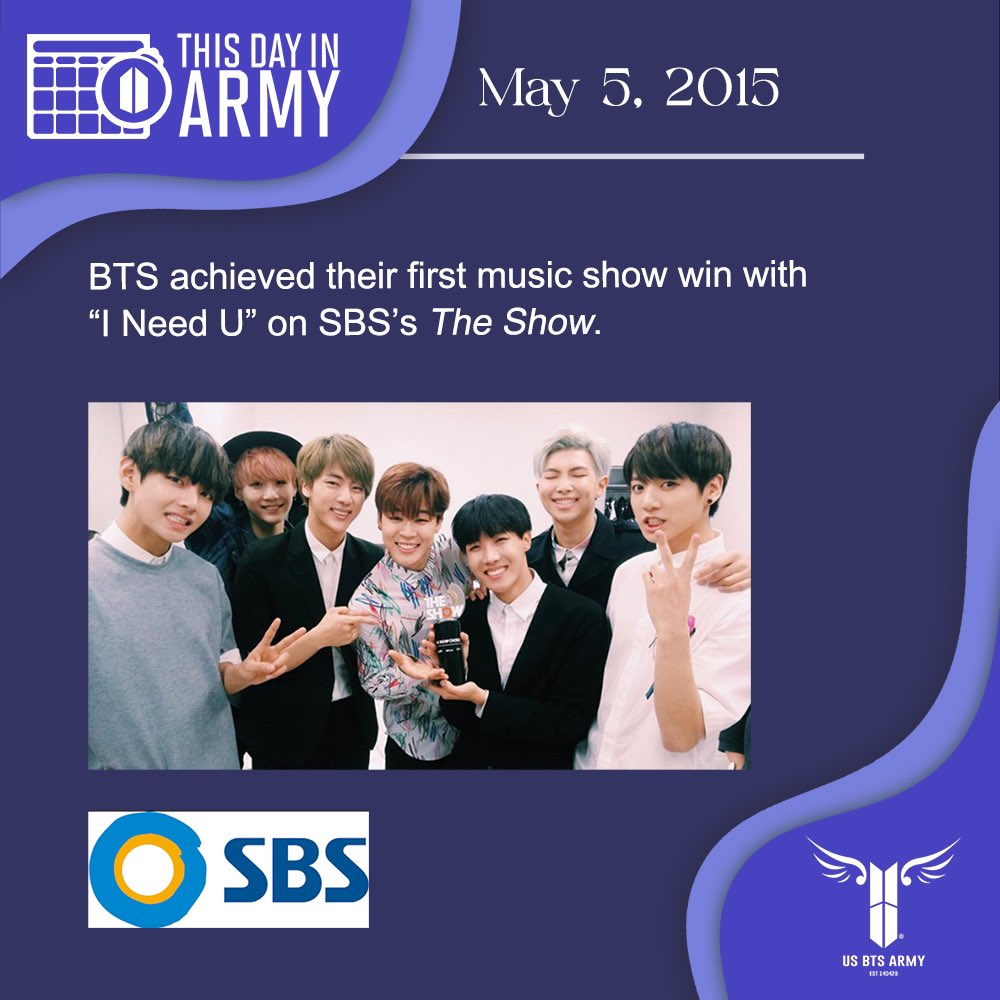 [⏳] This Day in ARMY! On May 5, 2015, BTS achieved their first music show win with “I Need U” on SBS’s The Show. 🔗usbtsarmy.com/notable-achiev… #BTS
